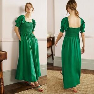 Boden Linen Smocked puff sleeve Kelly Green Maxi Dress with Pockets